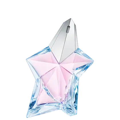 O frasco tem uma forma de estrela de cristal com uma tampa prateada. A cor predominante do frasco é rosa claro, com detalhes em azul translúcido. O design é moderno e geométrico, com linhas angulares e facetadas.