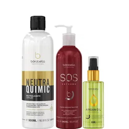 Kit Borabella com neutralizante NeutraQuimic 500ml + Tratamento Reconstrutor SOS 240ml + Óleo de Argan 60ml