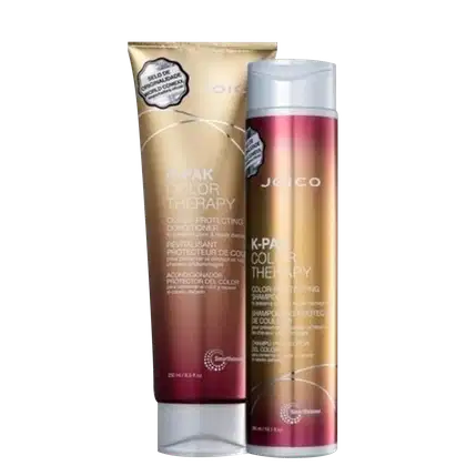 A imagem mostra shampoo e condicionador "K-Pak Color Therapy" da marca Joico. As embalagens apresentam as cores vermelho e dourado com detalhes em branco.