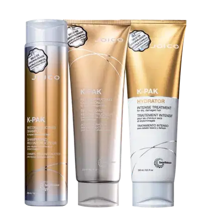 A imagem mostra três produtos da marca Joico: shampoo, condicionador e máscara K-PAK, com embalagens com tons de dourado, branco e prata.