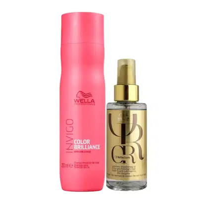 A imagem mostra um shampoo protetor em uma embalagem rosa vibrante e ao lado está um óleo capilar em um frasco transparente com tampa e rótulo dourado.