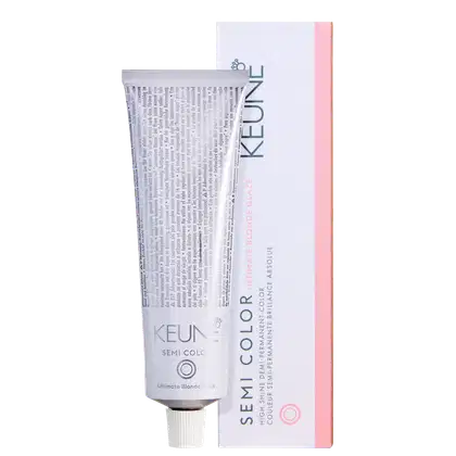 Tubo de creme colorante de cabelo da marca Keune, com embalagem branca e rosa, contendo o texto "Semi Color" e "Ultimate Blonde Glaze". O produto é apresentado em uma caixa de papelão branca com detalhes em rosa.