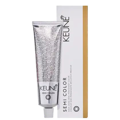 Tubo de tinta de cabelo da marca Keune, com embalagem branca, prata e preta, contendo o texto "Semi Color" e "Keune" em destaque. 