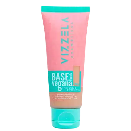 Tubo de base vegana da marca Vizzela, com embalagem rosa e verde, contendo informações sobre ser livre de crueldade e parabenos. O produto é apresentado em um recipiente de plástico com tampa.