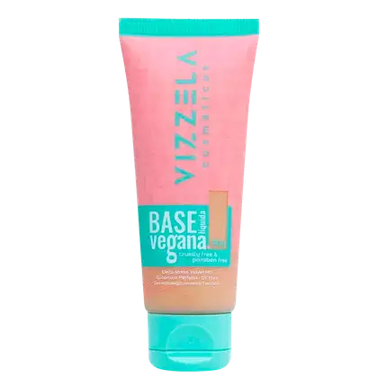 Tubo de base vegana da marca Vizzela, com embalagem rosa e verde, contendo informações sobre ser livre de crueldade e parabenos. O produto é apresentado em um tubo plástico com tampa.