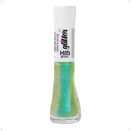 Frasco de esmalte de unhas com glitter multicolorido brilhante em tons de verde, azul e amarelo. Embalagem transparente de plástico cilíndrica. Rótulo branco com o logotipo "Hits" e texto "6Free" em preto.
