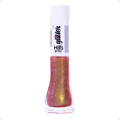 Esmalte de unhas líquido com brilho holográfico em tons de vermelho, laranja e dourado. Frasco de vidro transparente com tampa branca. Rótulo branco com o nome da marca "Hits" e a inscrição "5FREE" em letras pretas e rosa.