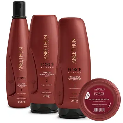 4 produtos da linha, shampoo, máscara, finalizador e dose concentrada de tratamento. Todos na cor jambo (marrom avermelhado, quase cacau) e tampa preta.