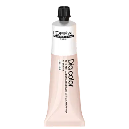 Produto de coloração capilar da linha L'Oréal Professionnel Dia Color. Embalagem em tubo plástico branco com detalhes em preto. Rótulo frontal exibe o logotipo L'Oréal Professionnel e o nome do produto "Dia Color" em letras pretas.