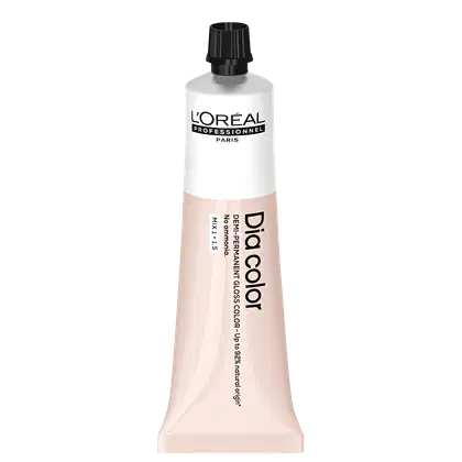 Produto de coloração capilar da linha L'Oréal Professionnel Dia Color. Embalagem em tubo plástico branco com detalhes em preto. Rótulo frontal exibe o logotipo L'Oréal Professionnel e o nome do produto "Dia Color" em letras pretas.