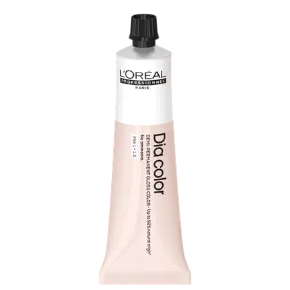 Produto de coloração capilar da linha L'Oréal Professionnel Dia Color. Embalagem em tubo plástico branco com detalhes em preto. Rótulo frontal exibe o logotipo L'Oréal Professionnel e o nome do produto "Dia Color" em letras pretas.