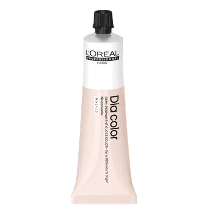 Produto de coloração capilar da linha L'Oréal Professionnel Dia Color. Embalagem em tubo plástico branco com detalhes em preto. Rótulo frontal exibe o logotipo L'Oréal Professionnel e o nome do produto "Dia Color" em letras pretas.