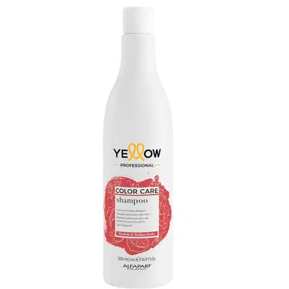 Frasco branco de shampoo da marca Yellow Professional, com rótulo vermelho destacando "Color Care Shampoo" e imagens de frutas italianas. Embalagem de 500 ml.