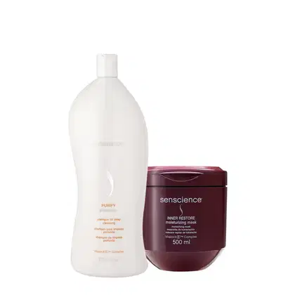 Kit Senscience com Purify Shampoo Antirresíduo Litro e máscara Inner Restore Moisturizing 500ml
