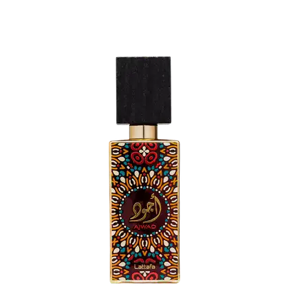 Frasco de perfume Lattafa Ajwad, com design colorido e geométrico em tons de laranja, vermelho e azul, com rótulo em árabe e dourado. Embalagem preta e dourada, com tampa quadrada.