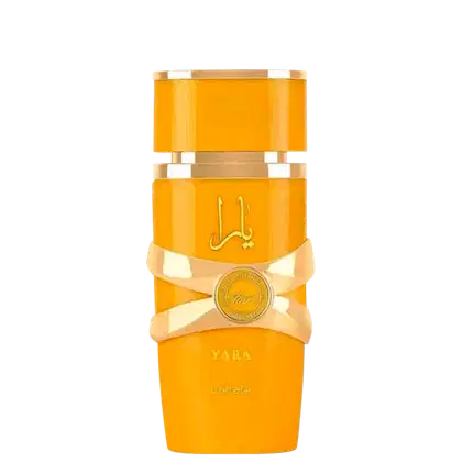 Frasco de perfume Yara da marca Lattafa, com embalagem de cor laranja vibrante e detalhes dourados, incluindo o logotipo da marca e uma etiqueta com o nome do produto.