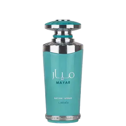 Frasco de perfume Lattafa Mayar, com design moderno e elegante em tons de azul-turquesa. O rótulo exibe o nome da marca em letras brancas. O frasco possui uma tampa decorativa com detalhes em prata, conferindo um visual sofisticado ao produto.
