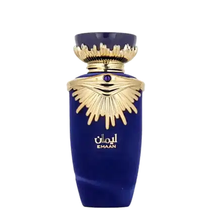 Frasco de perfume Emaan da marca Lattafa, com design elegante em tom azul-marinho e detalhes dourados, incluindo tampa decorativa com motivos florais.