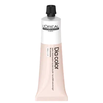 Produto de coloração capilar da linha L'Oréal Professionnel Dia Color. Embalagem em tubo plástico branco com detalhes em preto. Rótulo frontal exibe o logotipo L'Oréal Professionnel e o nome do produto "Dia Color" em letras pretas.
