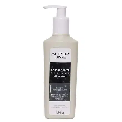 Produto capilar acidificante Alpha Line em embalagem plástica branca opaca de 150g. Frasco com bomba dosadora na parte superior. Rótulo preto com detalhes em branco descrevendo que é um tratamento capilar acidificante