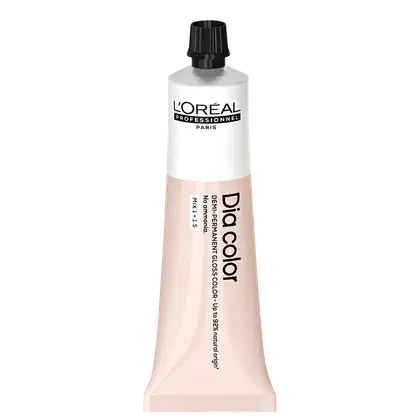 Produto de coloração capilar da linha L'Oréal Professionnel Dia Color. Embalagem em tubo plástico branco com detalhes em preto. Rótulo frontal exibe o logotipo L'Oréal Professionnel e o nome do produto "Dia Color" em letras pretas.