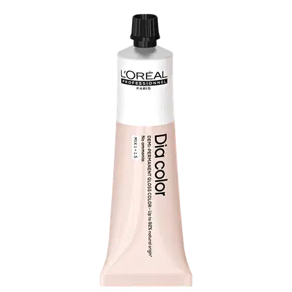 Produto de coloração capilar da linha L'Oréal Professionnel Dia Color. Embalagem em tubo plástico branco com detalhes em preto. Rótulo frontal exibe o logotipo L'Oréal Professionnel e o nome do produto "Dia Color" em letras pretas.