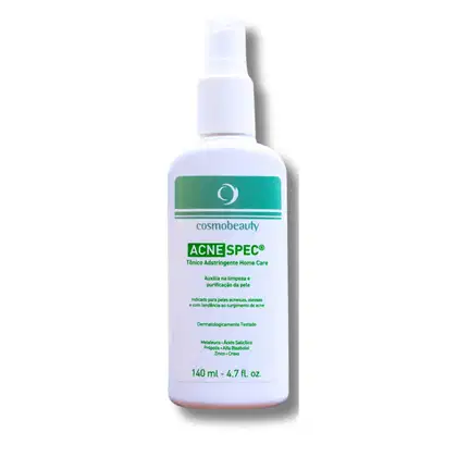 Tônico adstringente da linha Acnespec da marca Cosmobeauty. A embalagem é um frasco branco com rótulo verde, contendo 140 ml do produto. Auxilia na limpeza e purificação da pele, sendo indicado para peles acneicas e oleosas.