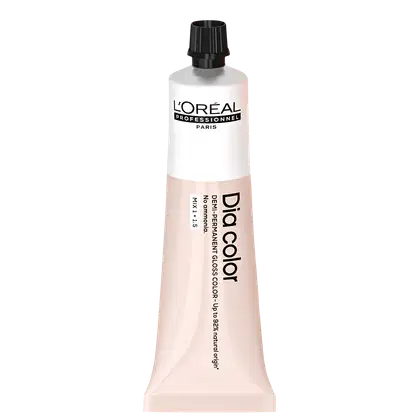 Produto de coloração capilar da linha L'Oréal Professionnel Dia Color. Embalagem em tubo plástico branco com detalhes em preto. Rótulo frontal exibe o logotipo L'Oréal Professionnel e o nome do produto "Dia Color" em letras pretas.
