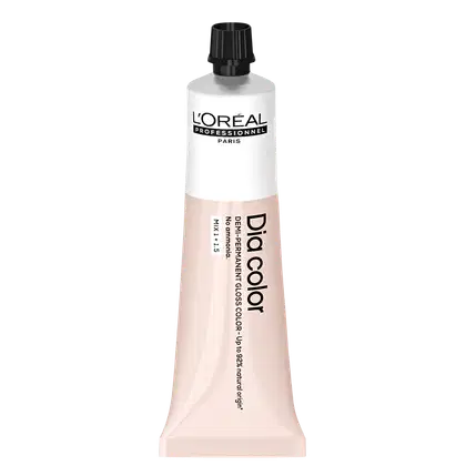 Produto de coloração capilar da linha L'Oréal Professionnel Dia Color. Embalagem em tubo plástico branco com detalhes em preto. Rótulo frontal exibe o logotipo L'Oréal Professionnel e o nome do produto "Dia Color" em letras pretas.