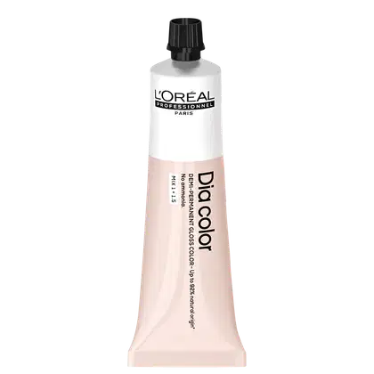 Produto de coloração capilar da linha L'Oréal Professionnel Dia Color. Embalagem em tubo plástico branco com detalhes em preto. Rótulo frontal exibe o logotipo L'Oréal Professionnel e o nome do produto "Dia Color" em letras pretas.