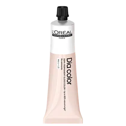 Produto de coloração capilar da linha L'Oréal Professionnel Dia Color. Embalagem em tubo plástico branco com detalhes em preto. Rótulo frontal exibe o logotipo L'Oréal Professionnel e o nome do produto "Dia Color" em letras pretas.