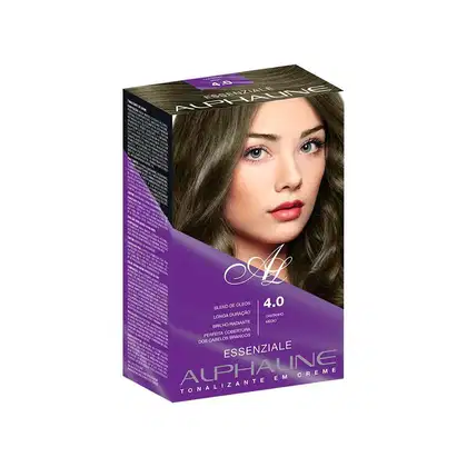 É uma caixa de tinta para cabelo da marca Alpha Line, da linha Essenziale. A embalagem é uma caixa na cor roxa, com detalhes em branco. há a imagem de uma mulher com cabelos castanhos. Indica que é um "Tonalizante em Creme" na cor 4.0 Castanho Médio.