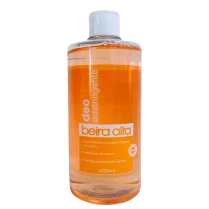 Frasco de 500ml de adstringente da marca Beira Alta, com líquido de cor laranja e rótulo branco com texto em português. Produto para limpeza da pele e higiene dos poros, com sensação de frescor.