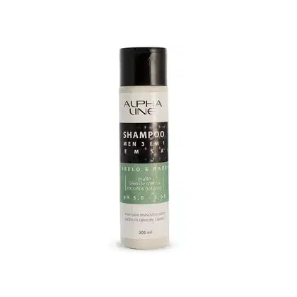 Shampoo masculino para todos os tipos de cabelo da linha Alpha Line. Embalagem plástica cilíndrica de 300ml. Rótulo branco com texto preto "Alpha Line Shampoo Men's em 1 Cabelo e Barba" e detalhes em verde