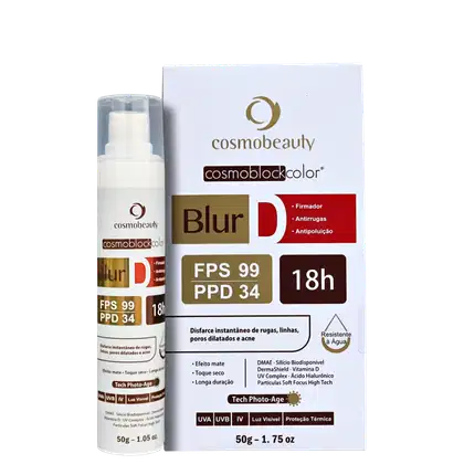 Protetor solar da linha Cosmoblockcolor da marca Cosmobeauty. A caixa apresenta informações sobre o produto, como FPS 99, PPD 34, resistência à água e duração de 18 horas.