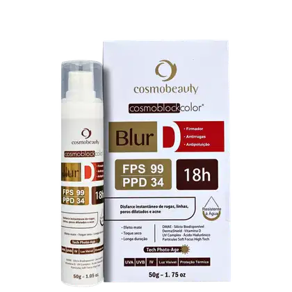 O produto apresentado é um item da linha Cosmoblock color da marca Cosmobeauty. Trata-se de um produto de cuidados com a pele chamado "Blur", que possui proteção solar FPS 99 e PPD 34.