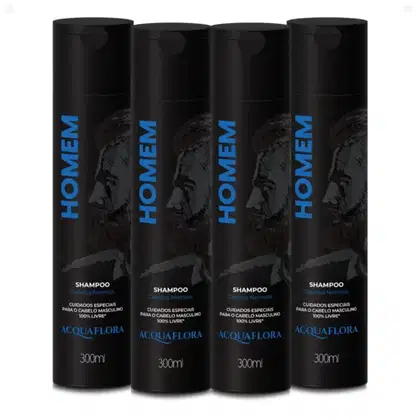 Quatro frascos pretos de shampoo da marca Acquaflora, cada um com 300ml de capacidade. Os frascos possuem rótulos azuis com o nome da marca e a indicação de que são cuidados especiais para cabelo masculino.
