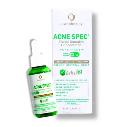 Frasco verde e caixa branca com rótulo "Acne Spec Fluido Secativo Concentrado" da marca Cosmobeauty. Produto promete ação antiacne, redução da oleosidade e poros dilatados.