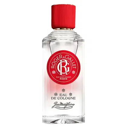 Frasco de Eau de Cologne da marca Roger & Gallet, com tampa vermelha e rótulo vermelho com logotipo da marca. O produto é apresentado em embalagem de vidro transparente, com a assinatura do fabricante Jean-Marie Farina visível.
