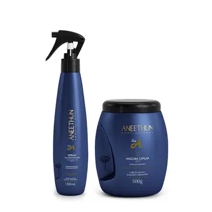 A imagem mostra o frasco do spray de tratamento e ao lado o pote redondo da máscara capilar.
