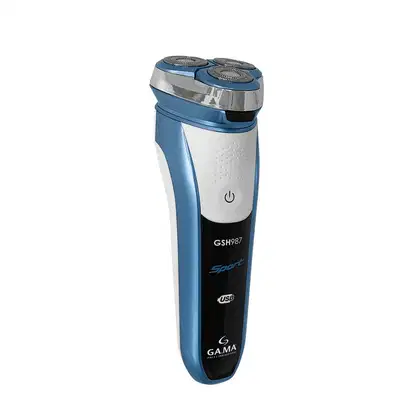 Aparelho de barbear elétrico recarregável da marca GA.MA Italy. Corpo azul e prateado com design ergonômico. Duas lâminas rotativas expostas na parte superior. Botão de ligar/desligar visível na lateral. Conexão USB para recarga.