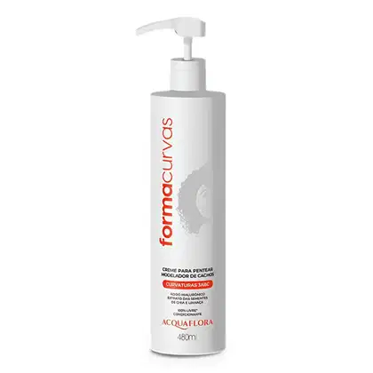 Frasco branco com bomba dosadora contendo creme para pentear modelador de cachos da marca Acquaflora.