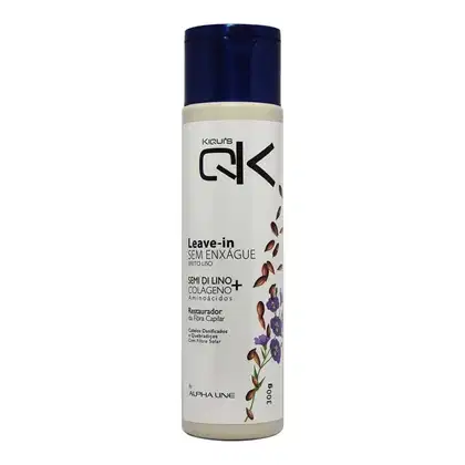 Leave-in da linha Kiquis da Alpha Line. Frasco cilíndrico de plástico branco com tampa azul escura. Rótulo com o logotipo da marca, nome do produto "Leave-in Sem Enxágue" . Imagem de flores lilás e folhas marrons decorando o rótulo. Embalagem de 300g.