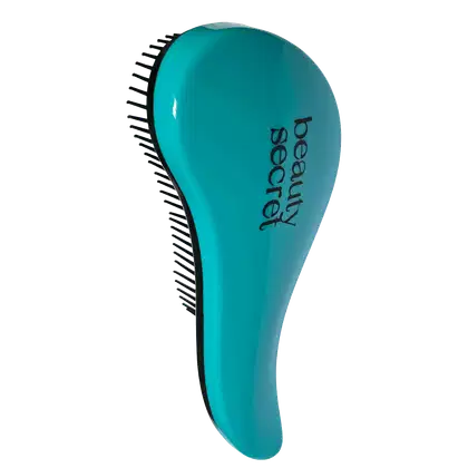 Escova de cabelo de mão em plástico rígido na cor turquesa brilhante. A escova tem formato arredondado e alongado, com cerdas pretas densas em um dos lados. O nome "Beauty Secret" está impresso em letras pretas na superfície turquesa da escova.