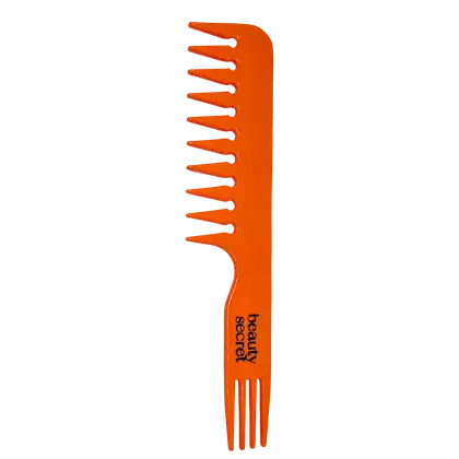 Escova de cabelo laranja da marca Beauty Secret. O produto tem um cabo longo e fino com vários dentes arredondados e espaçados na parte superior. O nome "Beauty Secret" está impresso na parte inferior do cabo em letras pretas.