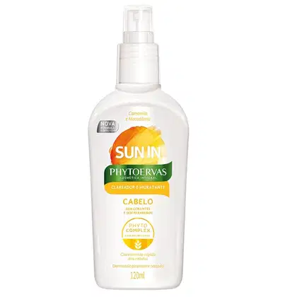 Frasco branco com bomba de spray contendo produto de cabelo Sun In da marca Phytoervas. Rótulo com informações sobre o produto, que é um clareador e hidratante para cabelos, sem corantes e parabenos.