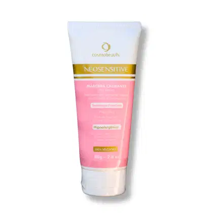 Tubo de máscara calmante da linha Neosensitive da Cosmobeauty, com embalagem branca e rosa, destacando a tecnologia FisioCalmTM e o caráter hipoalergênico do produto.