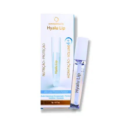 Caixa branca com rótulo "Cosmobeauty Hyalu Lip" contendo um aplicador de lábios em formato cilíndrico. Produto descrito como "4D Lip Preenchedor" com ingredientes como ácido hialurônico e pantenol.