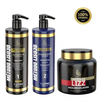 A imagem mostra três produtos de beleza da marca Kerastinni. Dois são frascos de plástico com bombas dosadoras, um preto e outro azul, ambos com detalhes dourados.