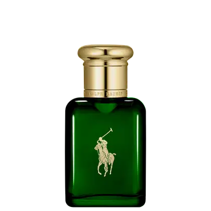 A imagem mostra um frasco de perfume verde, com tampa dourada e a logo da marca no frasco também em dourado.